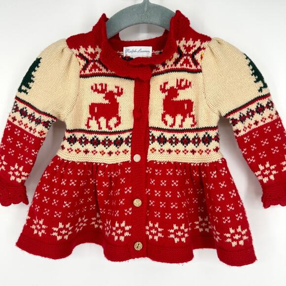 Ralph Lauren Baby Peplum Reindeer Fair Isle Christmas Sweater Cardigan 6‎ Months - Picture 1 of 6